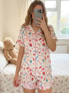 Women's Cute Strawberry Candy Print Pajama Set, Short Sleeve and Shorts, Soft Comfortable Home Wear, Nightwear, Pjs, Loungewear, Pyjamas, Button Front, Pajamas Lounge Set, All Seasons