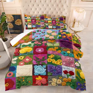Vintage Floral Patchwork Quilt Set (2-3 Pcs)：Includes 1 Quilt with Filling + 1/2 Pillowcases (no Filler), Featuring Roses, Sunflowers, Colorful Daisies in Vintage Patchwork. Comforter Set for Bedrooms, Pastoral-style Spaces, Artistic Home Decor