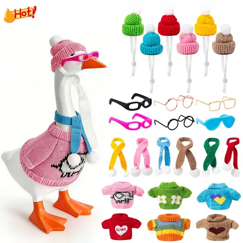 Whimsical Polyester Magnetic Desk Goose Accessory Set (24 Pcs) - 7in Mini Animal Goose Knitting Pullovers, Hats, Sunglasses, 1.26in Scarves for Keychain, Porch Statue Decor (DIY Specialty Supplies)