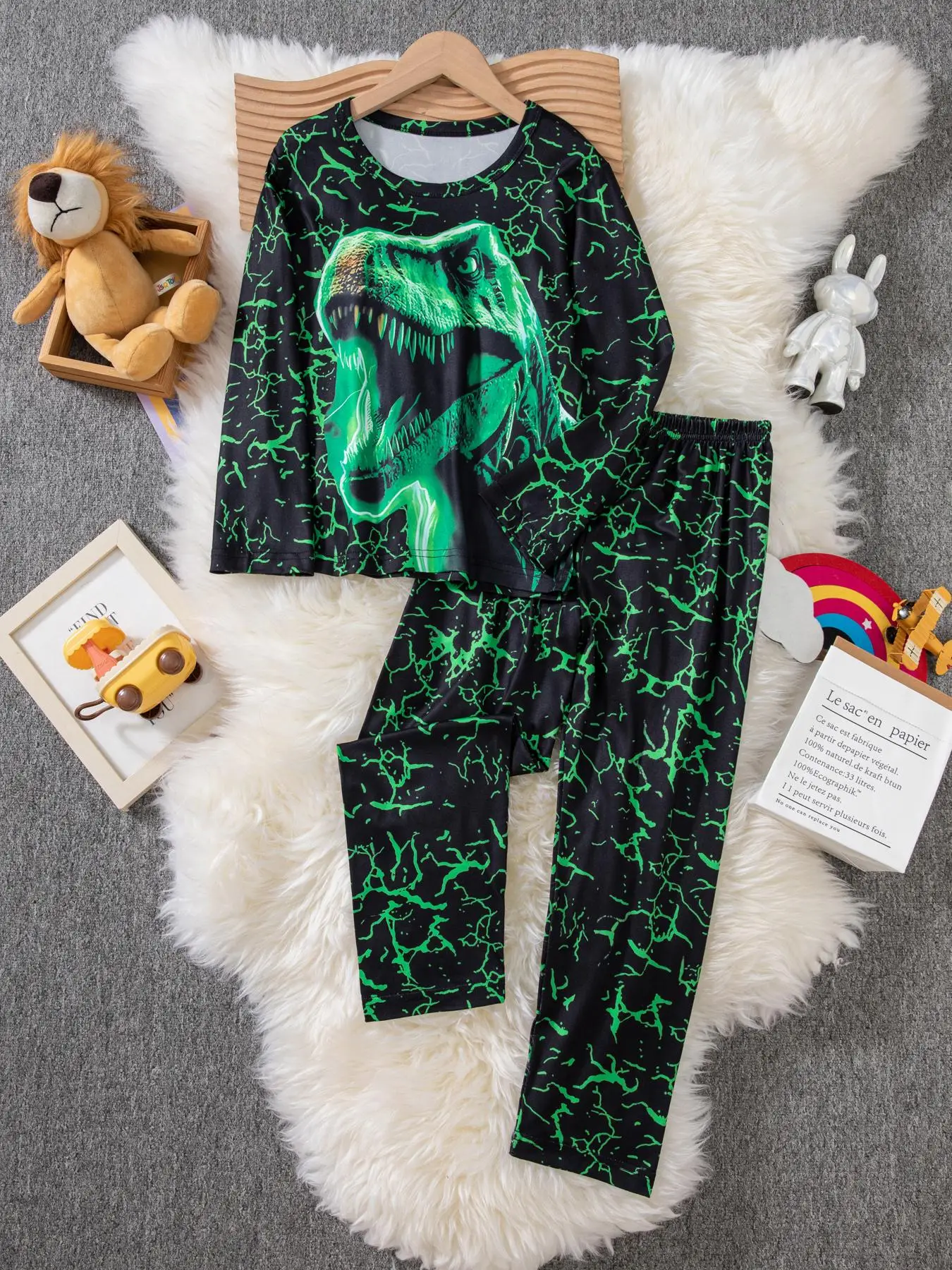 Boy's Dinosaur Print Long Sleeve Tee & Pants Pajama Set, Casual Round Neck Top & Trousers, Boy's Sleepwear for All Seasons