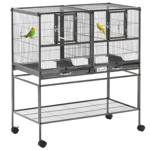 PawHut Divided Breeder Bird Cage with Rolling Stand Removable Metal Tray, Storage Shelf, Wood Perch, and Food Container