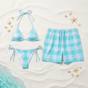 [HOT SUMMER 2026] Mint Gingham Swimwear Set – Matching Triangle Bikini & Men’s Trunks, Cute Beach Outfit, Honeymoon Gift for Couples