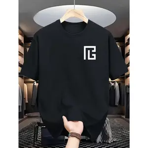 Retro Geometric Print Cotton T-Shirt - Casual Loose Fit Short Sleeve Crewneck, Dark Gray with White Logo, All-Season Comfort for Men and Women, Casual Wear |     Geometric Pattern |     Cotton Fabric, T Shirt