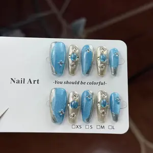 10pcs high-end Melbourne Blue Buccellati, sparkling cat's eyes, glass beads, hand-painted gold edges handmade Salon Quality Nails Square Fake Nails