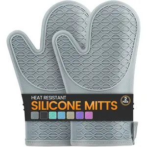 Oven Mitts, Heat Resistant 2 count Oven Mitts with Soft Cotton Lining,  Non-Slip Grip Oven Glove, Kitchen Potholder Mits for BBQ, Baking, Cooking, 12.5 Inch - Grey