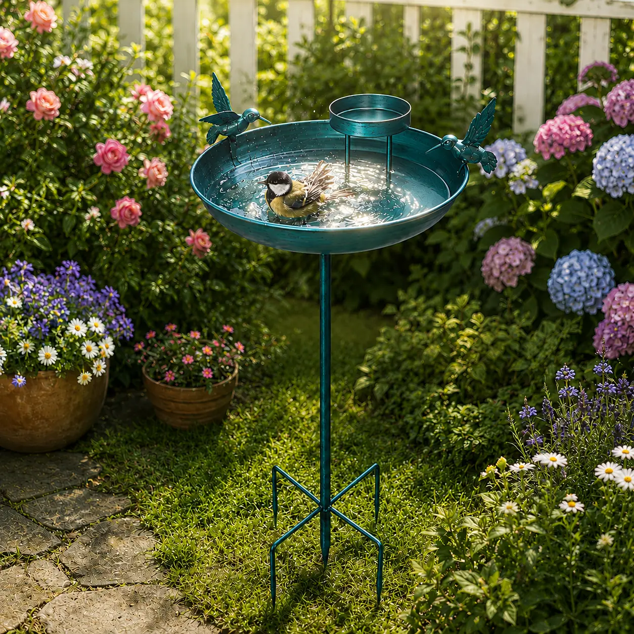 34 inch heavy-duty metal double-layer bird bath tub -10-4 inch double-layer large capacity water collector feeding basin -5 claws durable courtyard decoration cleaning multifunctional bird feeder, suitable for gardens,  IPX8 waterproof rating