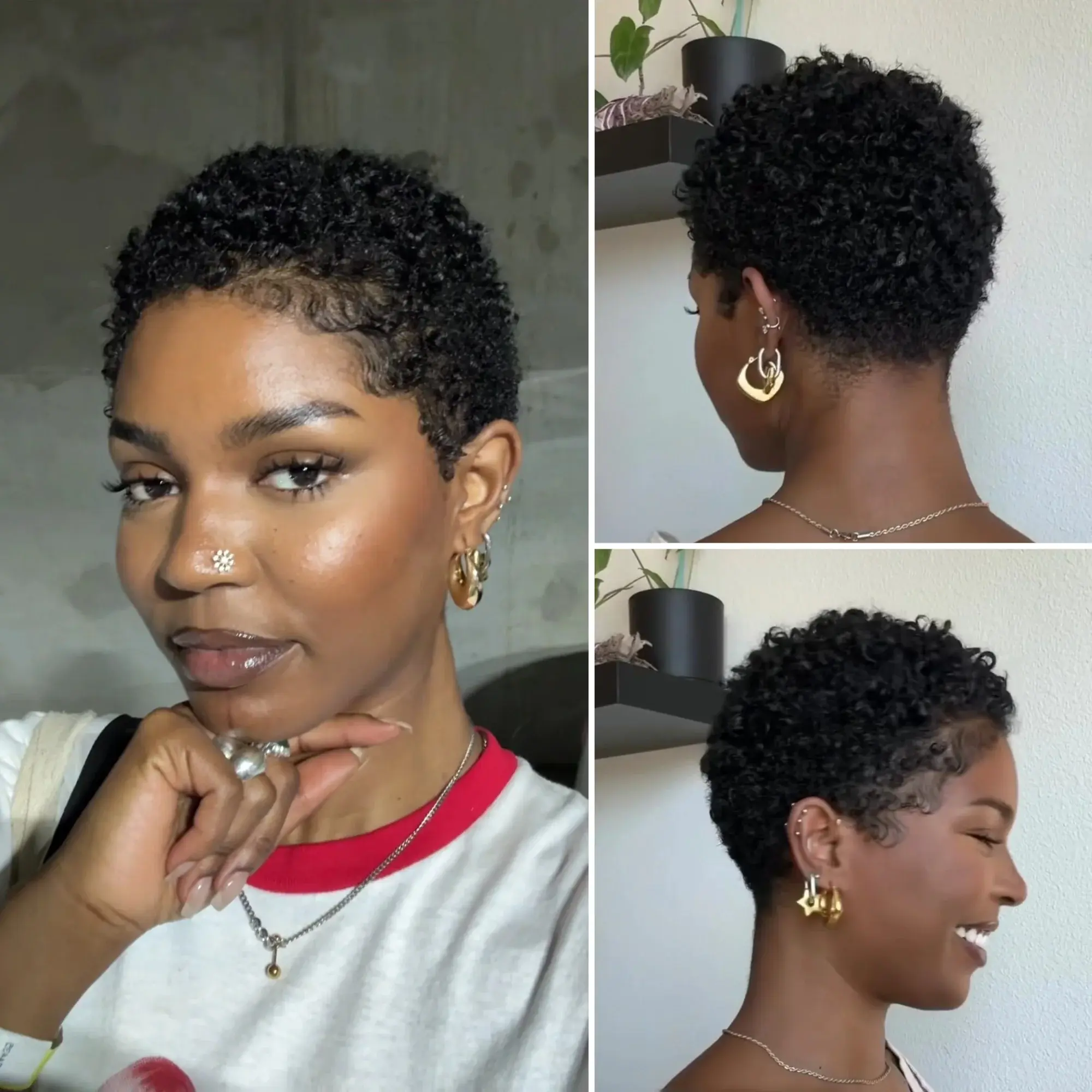 Female Short Human Hair 360 Lace Minimal Curly Afro Pixie Cut Wig, Full Lace Elastic Drawstring Wig