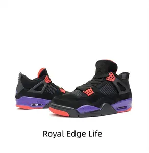 Retro Mid-Top Basketball Shoes in Black-Purple-Red Suede Upper with Speckled Purple Midsole and Red Accents
