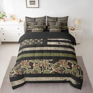 American Flag Bed in a Bag with Comforter,Sheets,Pillowcases & Cushion Cover Camo Duck Hunter 7 Piece Bedding Set Boys Girls Decor Camouflage Comforter Set with Sheets Bedroom Decor