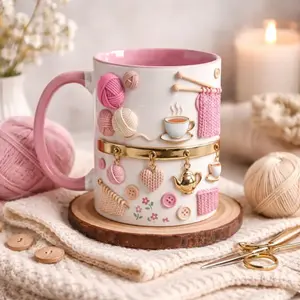 Knitting Faux 3D Yarn Craft Mug, Cute Crochet Hobby Aesthetic Coffee Cup, Knitter & DIY Lover Gift, Cozy Handmade Lifestyle Tea Mu