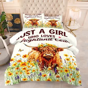 Cute Highland Cow & Wildflower Quilted Comforter Set, Includes 1 Quilt &1 or 2 Coreless Pillowcases, Soft Breathable Microfiber Bedding, Floral Highland Cow Print, Modern Farmhouse Bedroom Decor for Animal Lovers