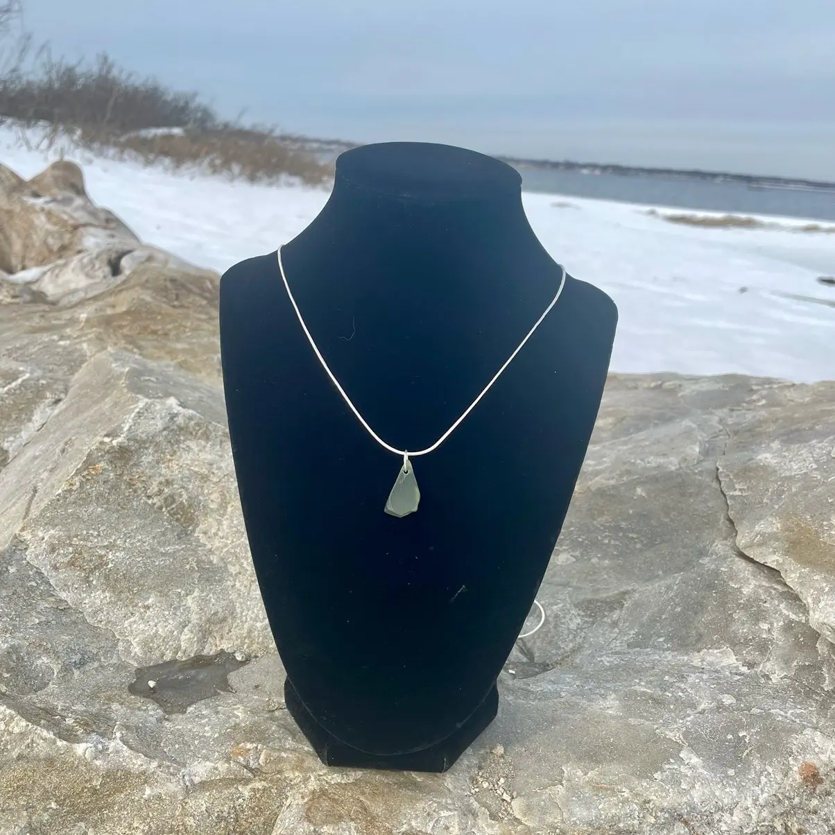 Sea glass necklace, 100% authentic, hand drilled, genuine Rhode Island dark green sea glass natural triangle shape pendant and chain sustainable naturally sourced jewelry