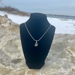 Sea glass necklace, 100% authentic, hand drilled, genuine Rhode Island dark green sea glass natural triangle shape pendant and chain sustainable naturally sourced jewelry