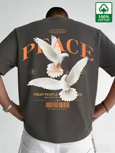 Men's Peace Minimalist T-Shirt, 100% Cotton Casual West Coast Streetwear, Slim Fit Long Sleeve Tee Without Zipper & Button