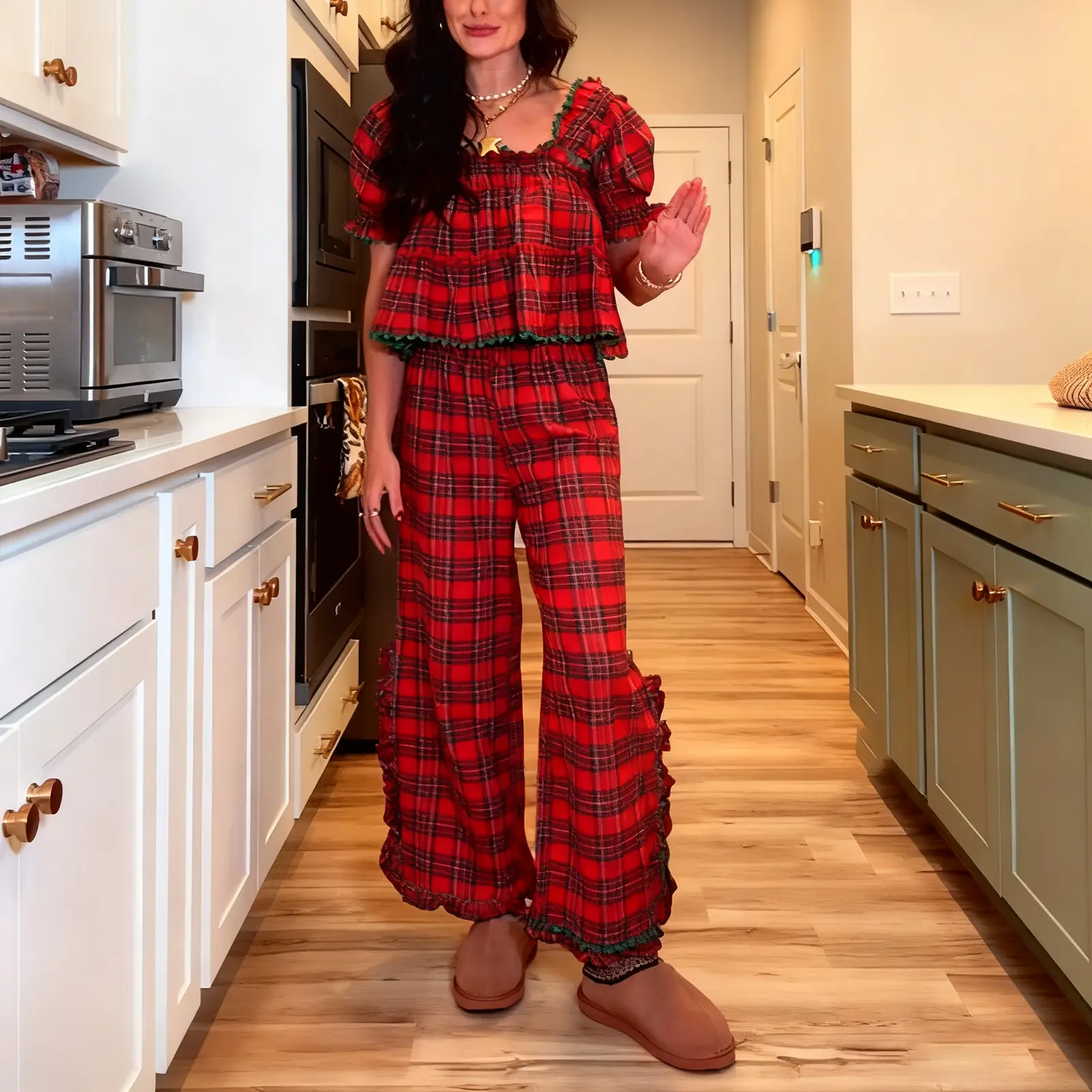 TikTokShopBlackFriday Christmas Women Pajama Set, Stripes/Plaid Short Sleeve Square Neck T-shirt with Pants Sleepwear Loungewear Red Womenswear Pjs