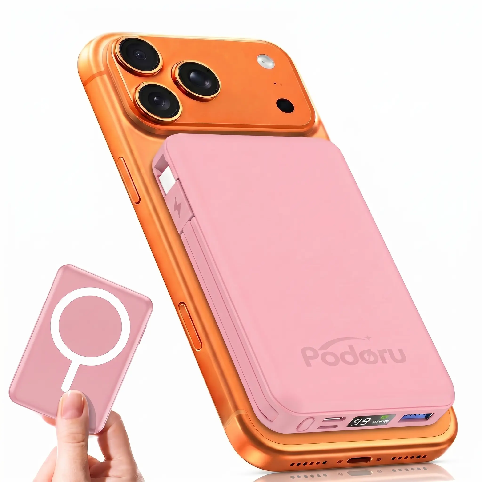 Podoru 10000mAh Slim Magnetic Wireless for iPhone 17-12, Magnetic Power Bank with Built-in Cables, 15W Fast Wireless Charging, 22.5W PD USB-C, 5-Device Charging, LED Phone Stand & Protection Charging power bank power bank charger easy portability