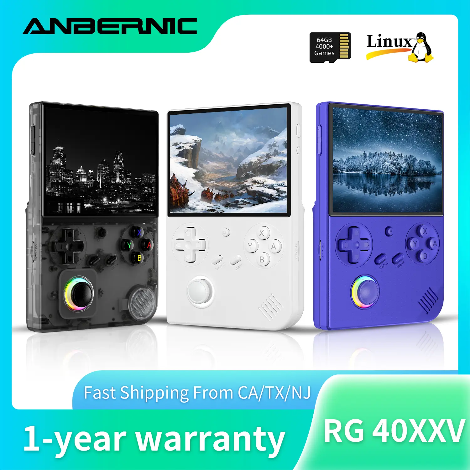 ANBERNIC RG40XXV Retro Handheld Game Console 64GB 4K+ Classic Games 4.0-inch IPS Screen Quad-Core Linux System, 3200mAh Battery, WIFI, TV output