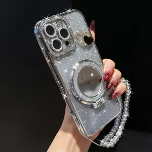Luxury Silver Color Rhinestone Mirror Phone Case, Gradient Glitter Design, Crystal Strap, Full Lens Protection, for iPhone 17pro Max 16pro 15 14 13 12