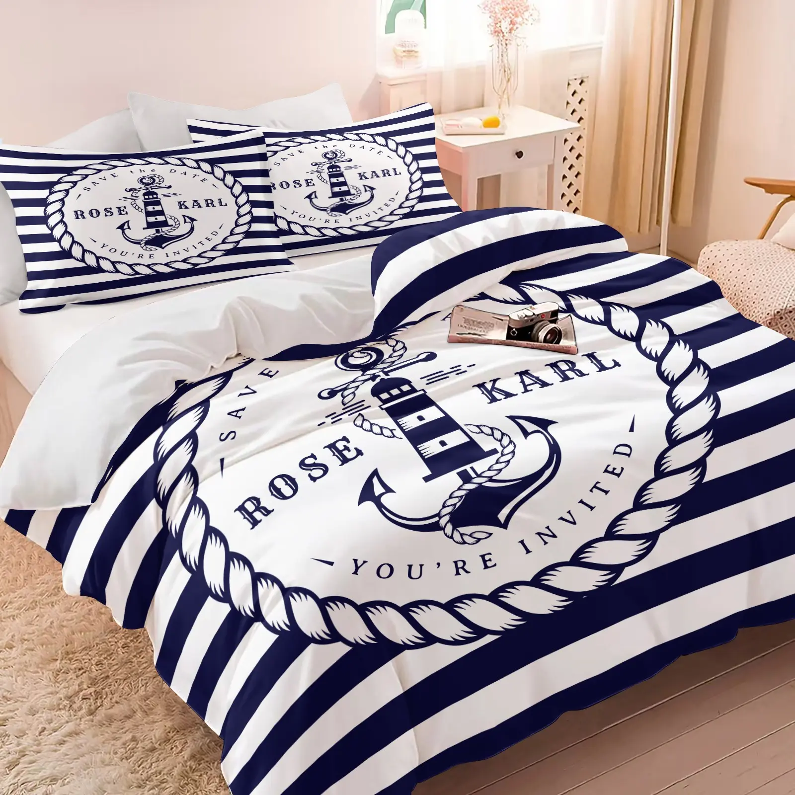 2/3Pcs Nautical Lighthouse Anchor Duvet Cover Set, Navy Blue Striped Comforter Cover, Coastal Bedding Set with Pillowcases (No Filling), Soft Microfiber for Beach House & Bedroom, Maritime Decor for Summer