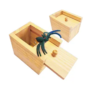 BuzzJoy Mini Spider Prank Box, Surprise Gift for Birthdays, Halloween decor with Realistic Rubber Spider, Wooden Pop Out Spider Prank Box
