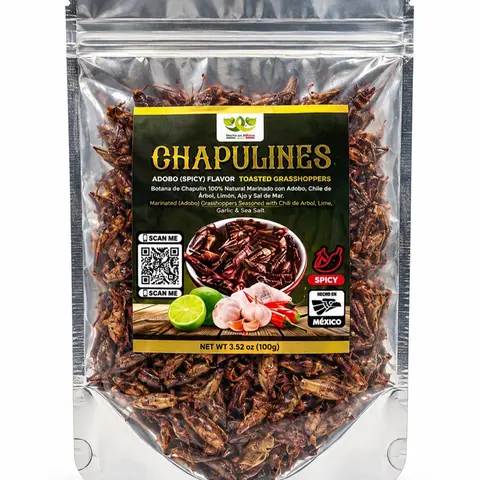 Fresh Chapulines Enchilados Adobo Spicy Flavor From Oaxaca, 3.5 oz (100 g) | All-Natural Spicy Toasted Grasshoppers with Lime, Sea Salt, and Garlic (Not Dehydrated) Healthy Mexican Snack from the State of Oaxaca