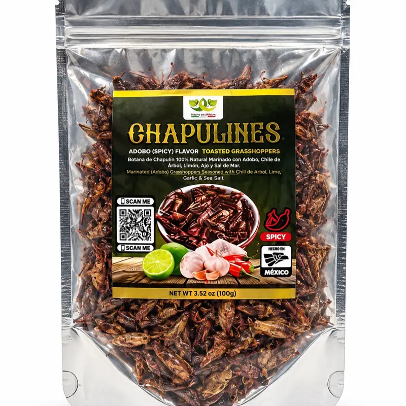 Fresh Chapulines Enchilados Adobo Spicy Flavor From Oaxaca, 3.5 oz (100 g) | All-Natural Spicy Toasted Grasshoppers with Lime, Sea Salt, and Garlic (Not Dehydrated) Healthy Mexican Snack from the State of Oaxaca
