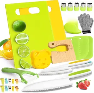 28PCS Toddler Knife Set - Kids Knifes for Real Cooking, Montessori Kids Kitchen Knife Set with Cutting Board Crinkle Cutters Kid Safe Knives, Toddlers Kitchen Tools for Age 2-10 Year Old Girl Boy