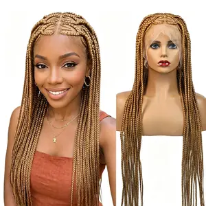 DOSAY 36Inch Synthetic Heart Shaped Full Lace Braided Wig Honey Blonde highlights Handmade Cornrows Braids Knotless Box Braiding Hd Lace Wigs With Baby Hair