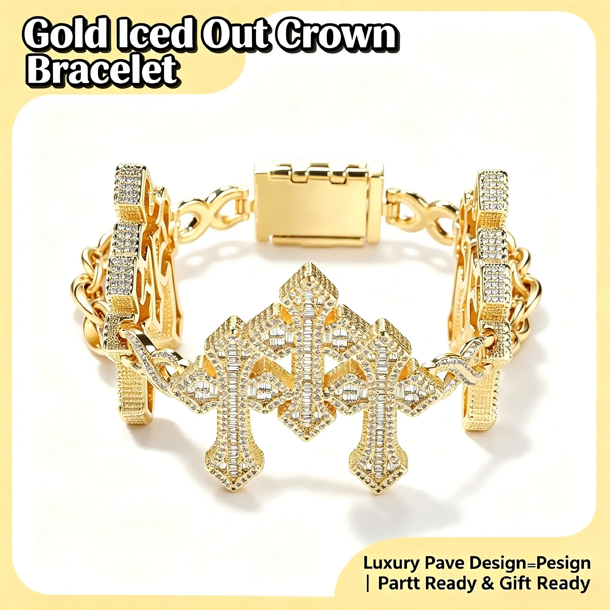 QUEENDO Iced Multi Cross Link Bracelet, Baguette & Round Stone Paved Cuff Wrist Chain, Gold Silver Rose Gold 3 Colors Available, Adjustable Link Bracelet, Hip Hop Daily Party Jewelry Gift