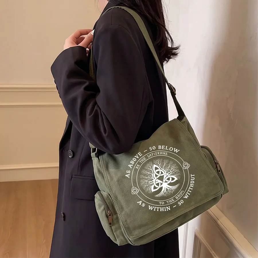 Women's Retro Crossbody Canvas Bag - Large-Capacity, Tree Motif with 3 Knots, Adjustable Shoulder Strap, Flip-Top Design, 2-Color Option, Philosophical Universe Text Print