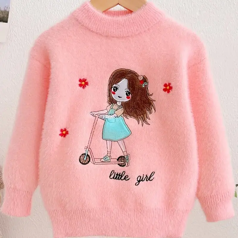 Casual Comfy Knit Shirt for Little Girls, Pink Crew Neck Pullover with a Front and Back Cartoon Skater Graphic, Casual Comfy Shirt, Long Sleeve Shirt