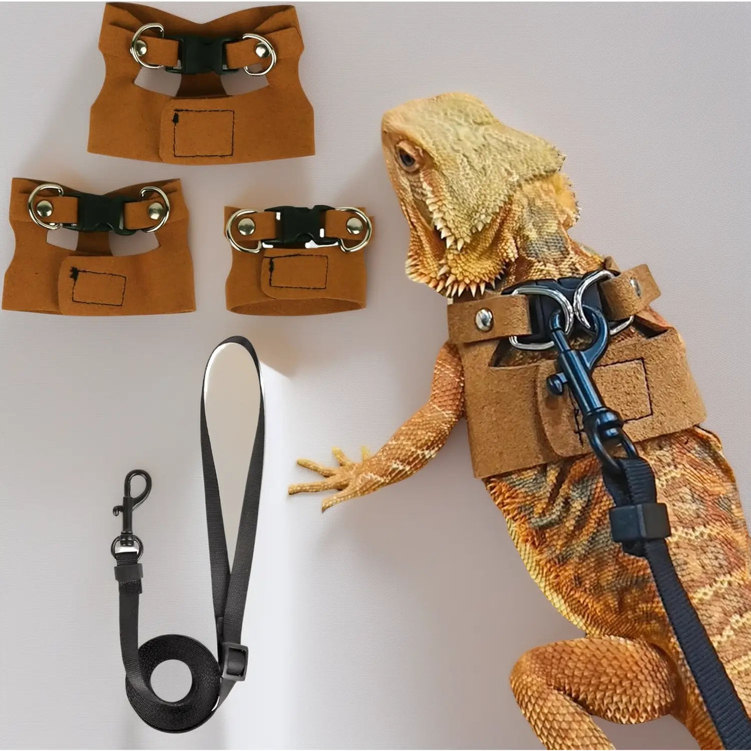 Bearded Dragon Harness and Leash Set - 3-Size Pack Adjustable Vest, Escape-Proof Reptile Walking Gear for Juvenile to Adult Dragons (Brown)