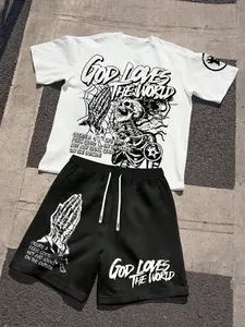Men's Summer 2-Piece Set Skull Graphic Print T-Shirt + Praying Hands Graffiti Outdoor Sports Casual Drawstring Shorts, Fitted Style, Summer Clothing Set