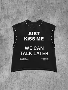 Men's Sleeveless Vest, Stylish Tank, Just Kiss Me Letter Print, Stud Design, Loose Fit, Vintage Street Style Summer Clothing