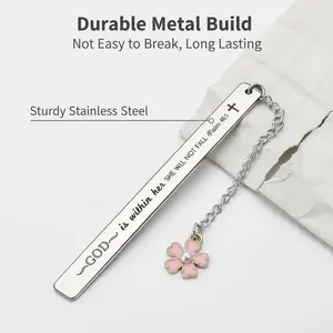 Stainless Steel Book Mark with Pink Cherry Blossom Pendant, Durable Metal Bookmark with Chain for Reading, Cute Literary Page Marker for Book Lovers