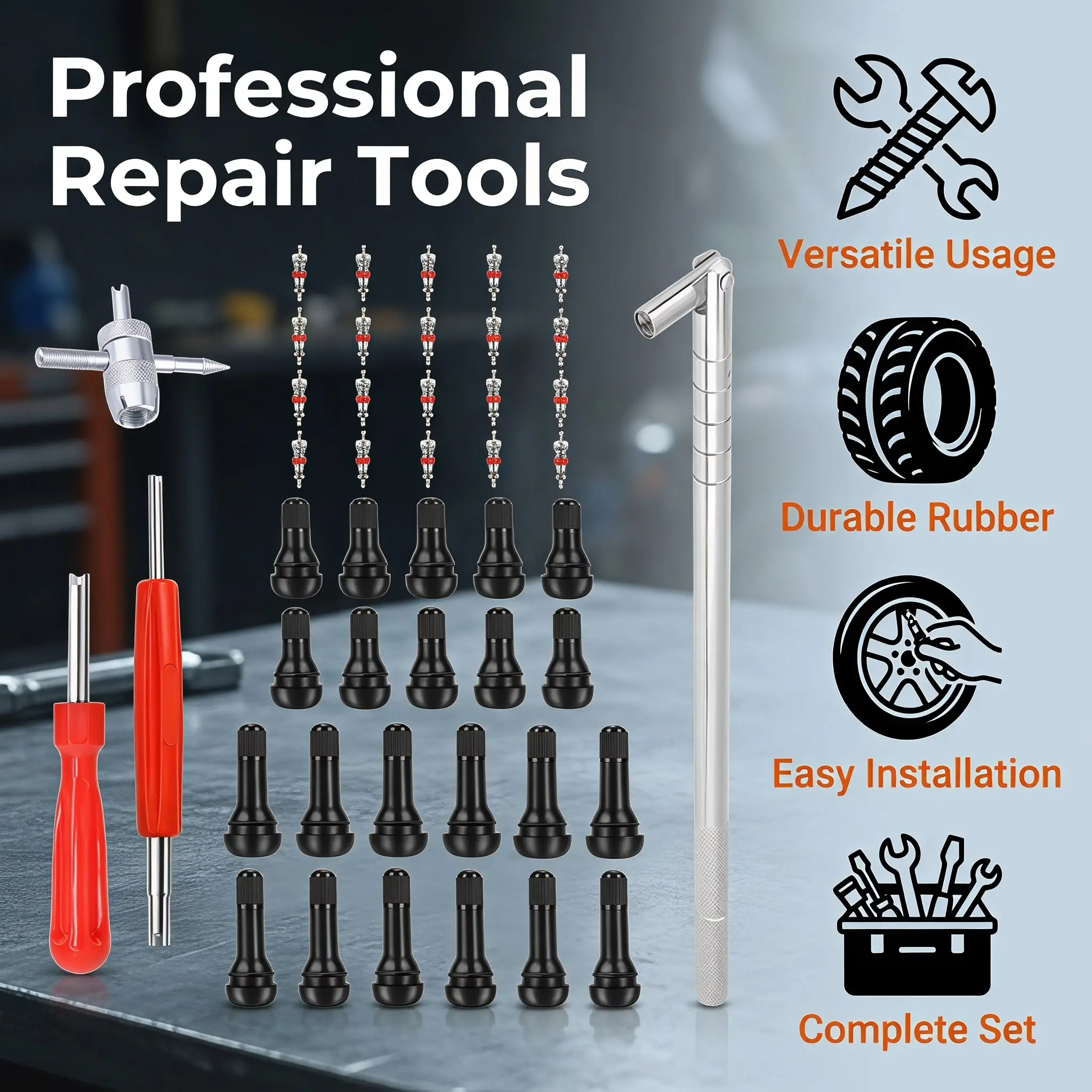 46Pack Tire Valve Stem Tool Kit, Valve Stem Puller Installer with Short Rubber Tire Valve Stems, 4 Way and Single Head Valve Core Remover for Auto Repair