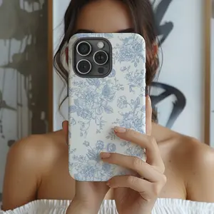 French Toile De Jouy Case, Blue And White Floral Tough Phone Case With Extra Layer Of Protection For Iphone 15Pro, 14, 13, 12, 11, 8, XR Mini, Pro Max, Plus Accessories Aesthetic flower case Smartphone Cellphone Casing S Compatible with Samsung Galaxy S25