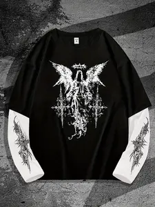 Unisex Gothic Long Sleeve T-Shirt, Fallen Angel Print, Loose Fit, Streetwear Style, Spring & Fall Fashion, Couples' Clothing