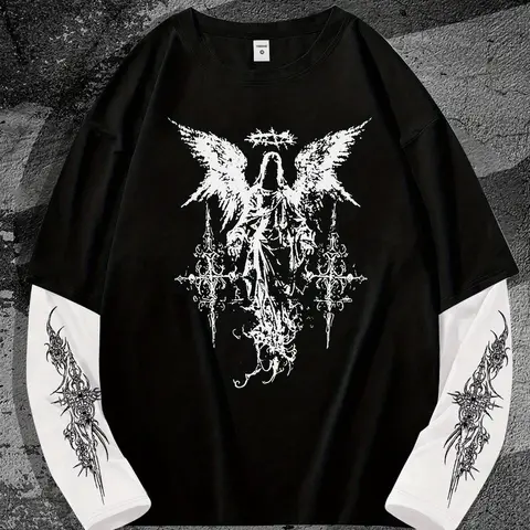 Unisex Gothic Long Sleeve T-Shirt, Fallen Angel Print, Loose Fit, Casual Streetwear Style, Spring & Fall Fashion, Couples' Clothing