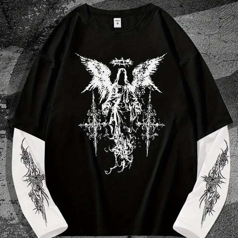 Unisex Gothic Long Sleeve T-Shirt, Fallen Angel Print, Loose Fit, Casual Streetwear Style, Spring & Fall Fashion, Couples' Clothing
