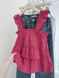 Women's Summer Cute Casual Vacation Ruffle Hem Sleeveless Square Neck Tank Top, Loose-Fitting Plaid Pattern, Perfect for Relaxing Days