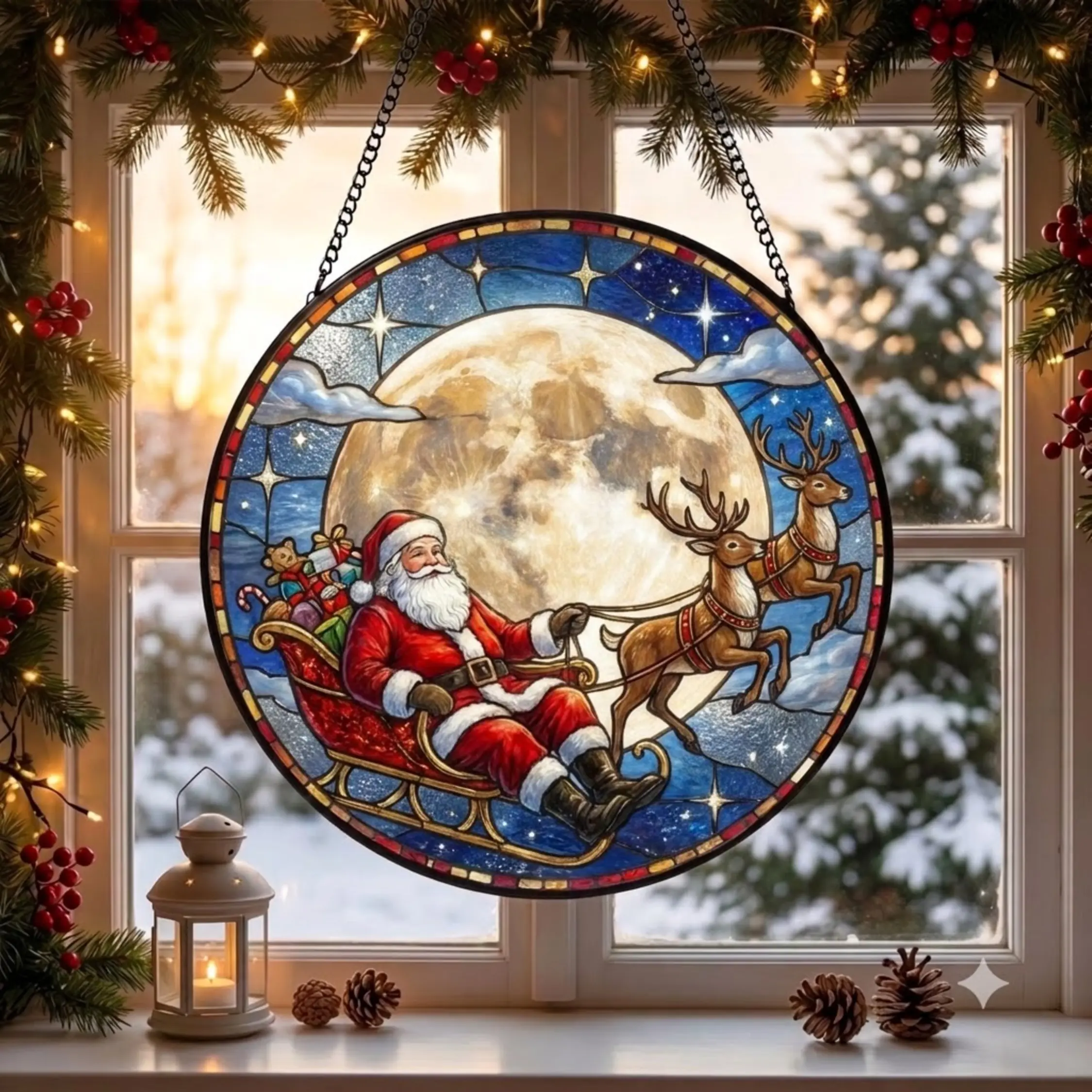 Santa Claus Sleigh Stained Glass Suncatcher Round Window Hanging Christmas Moon Reindeer Glass Panel Holiday Home Decor Gift