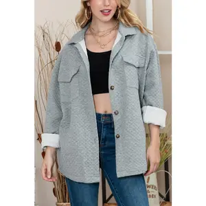 Gray Lattice Texture Retro Flap Pocket Button Quilted Shacket