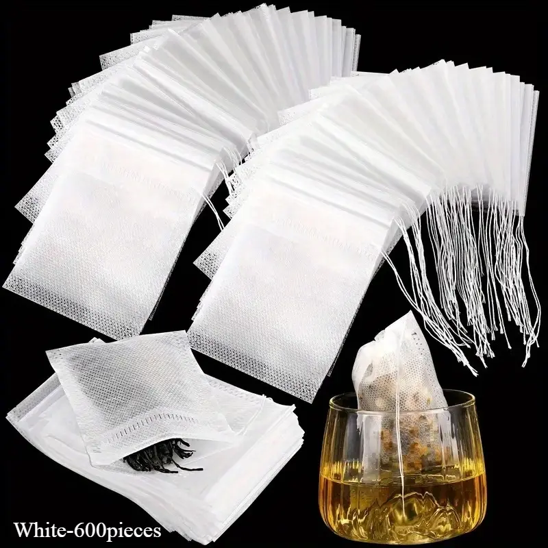 600Pcs Disposable Drawstring Tea Filter Bags with Teaspoon, Unbleached Mesh Tea Strainer, No Clean Needed, Portable Food Grade Filter Pouch for Loose Tea Coffee Brewing, Practical Kitchen Dining Daily Supplies