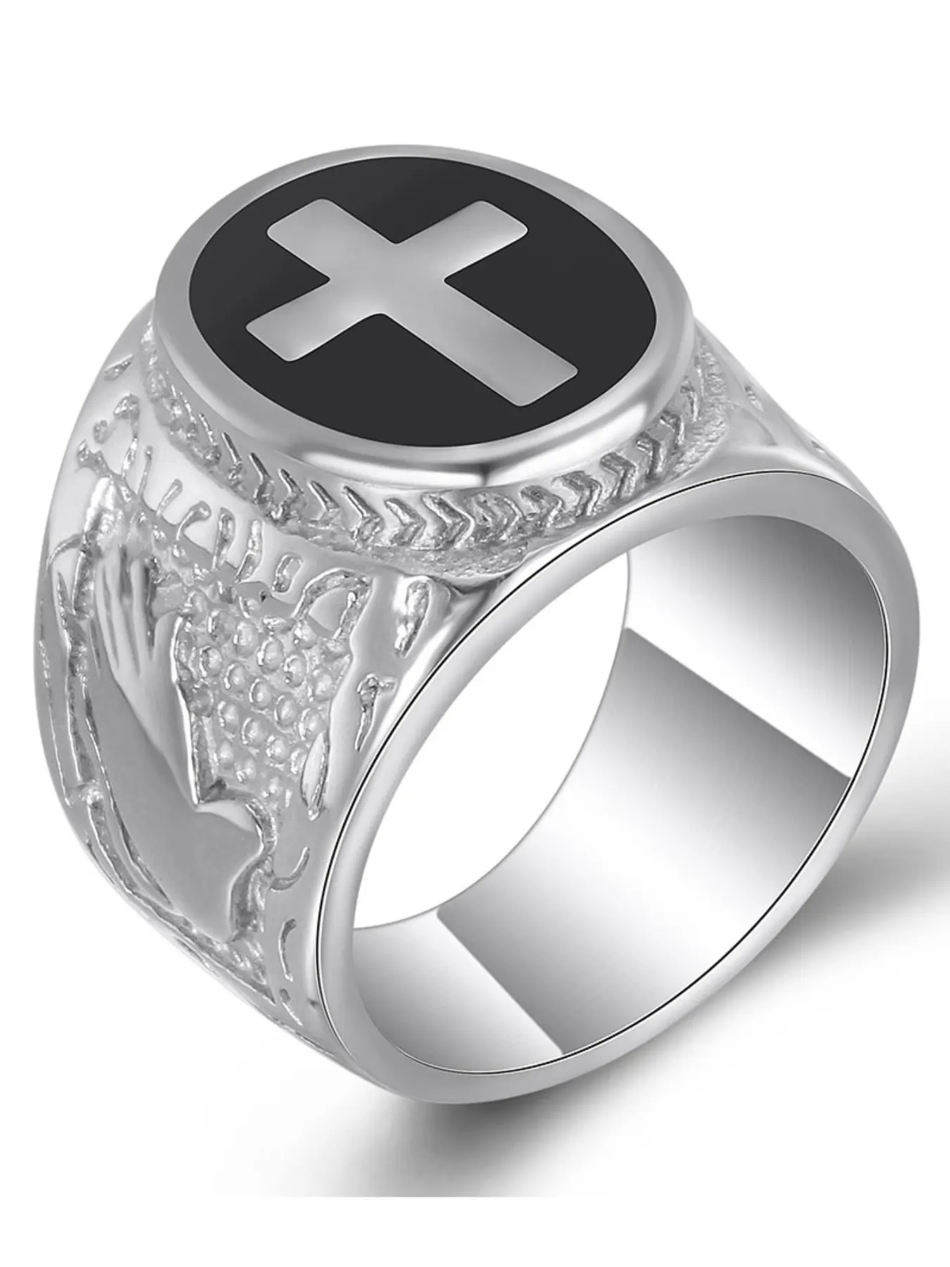 Vintage Fashion 21mm Cross Stainless Steel Ring, God's Hand Casting Punk Band, Unique Jewelry Accessory for Men & Women, Punk Style Ring, Metal Rings