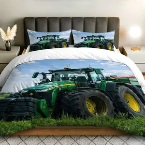 3PCS Duvet Cover Set, 1 Duvet+2 Pillowcases(Without filler), Tractor Farming Field Sky Green theme, Everyday bedding set,  Comfortable Soft Durable Suitable for decoration Bedroom Dorm Gift Farmhouse