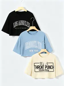 Women's Letter Print Round Neck Crop Tee, Summer Clothes Women, Casual Fashion Drop Shoulder Short Sleeve T-shirt for Summer, Ladies Clothes