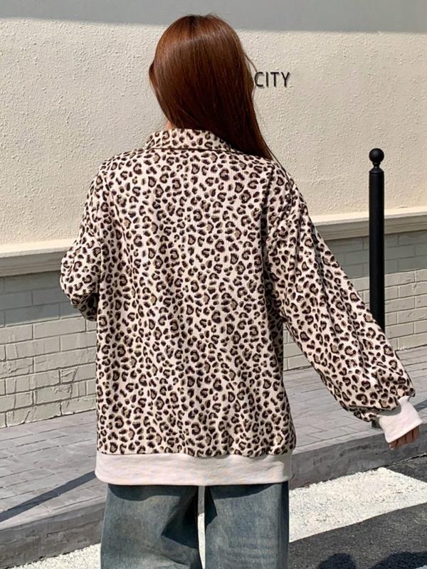 Women Casual Zip Up Front Corduroy Long Sleeve Leopard Print Sweatshirt,Fall Clothes