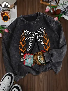 Women's Casual Fitted Vintage Wash Cotton Pullover Sweatshirt, Round Neck Long Sleeve Fleece Lined Animal Tiger Print Pullover for Fall Winter Fashion, Tops