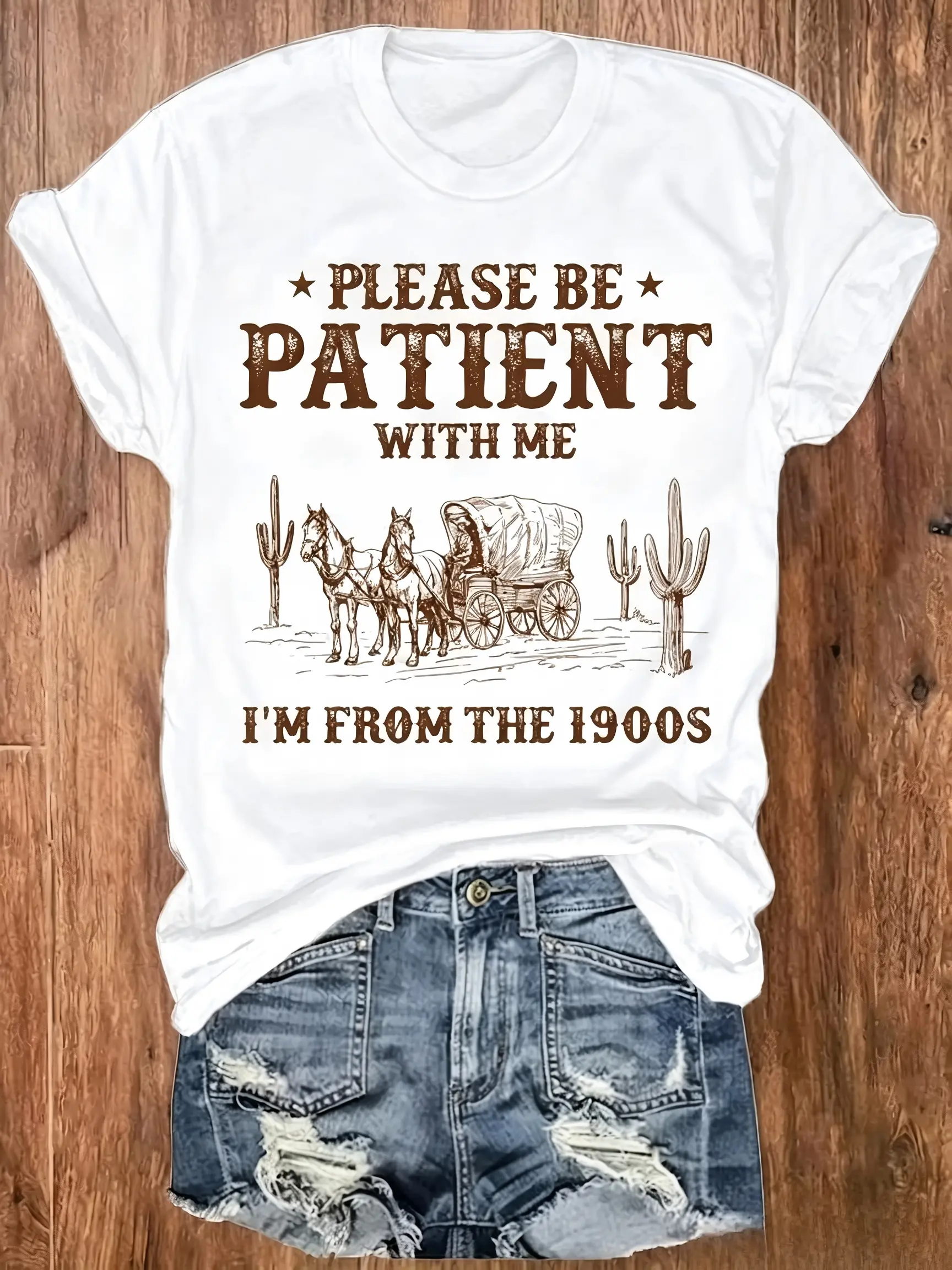 Vintage Western Wagon Cactus Graphic Black Crewneck T-Shirt, Funny Retro 1900s Cowboy Casual Short Sleeve Top meme